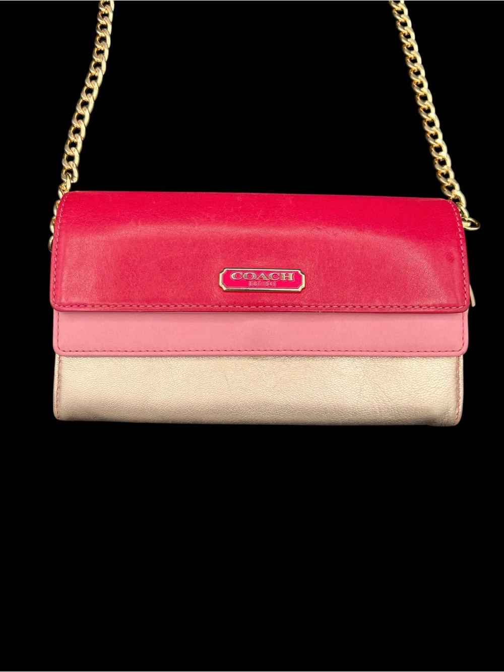 Coach Tri-Color Pink Red and Gold Chain Wallet